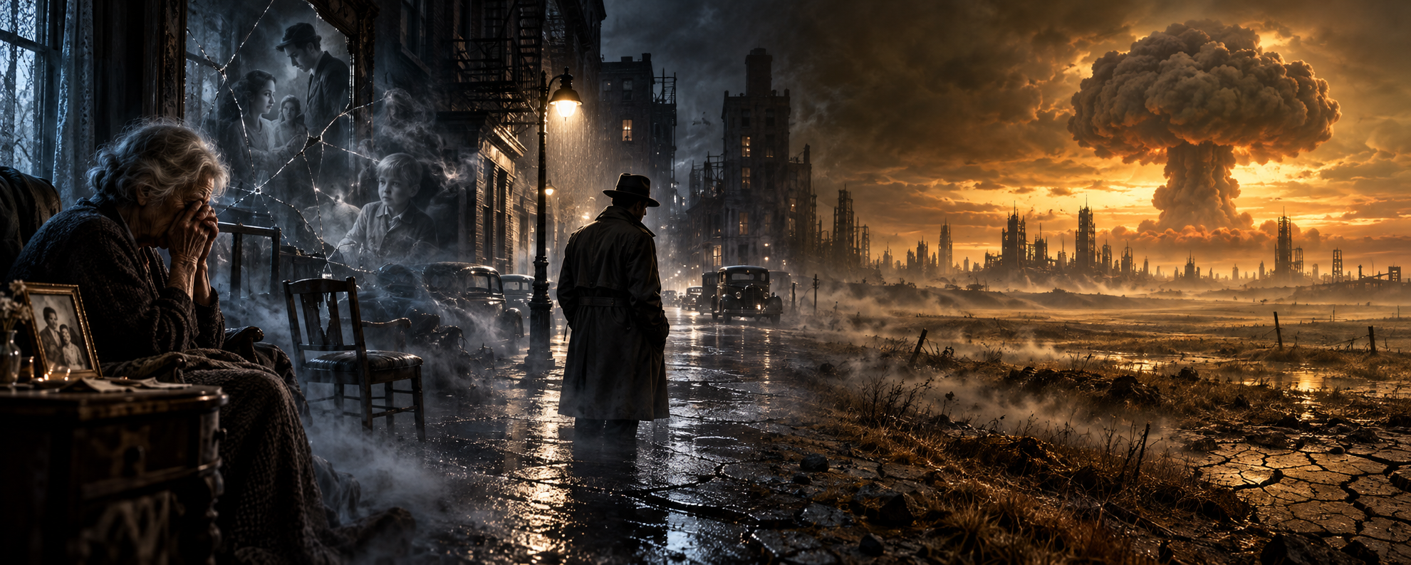 Psychological devastation transitions into a shadowy noir street and an open field overlooking a city destroyed by nuclear catastrophe